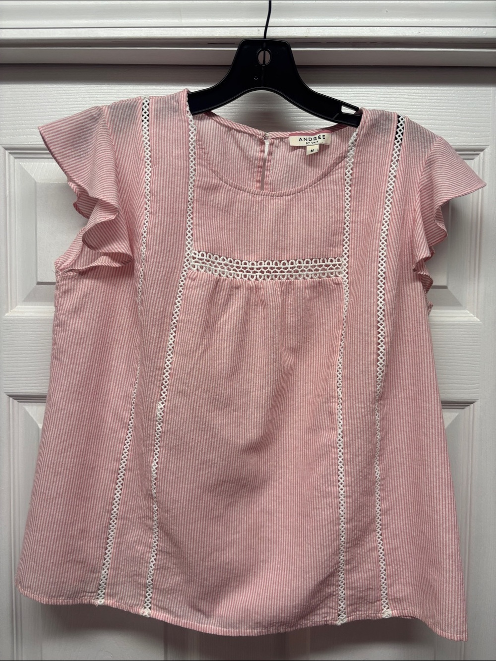 Andree Pink Striped Ruffle Sleeve Blouse Crochet Lace Detail Medium